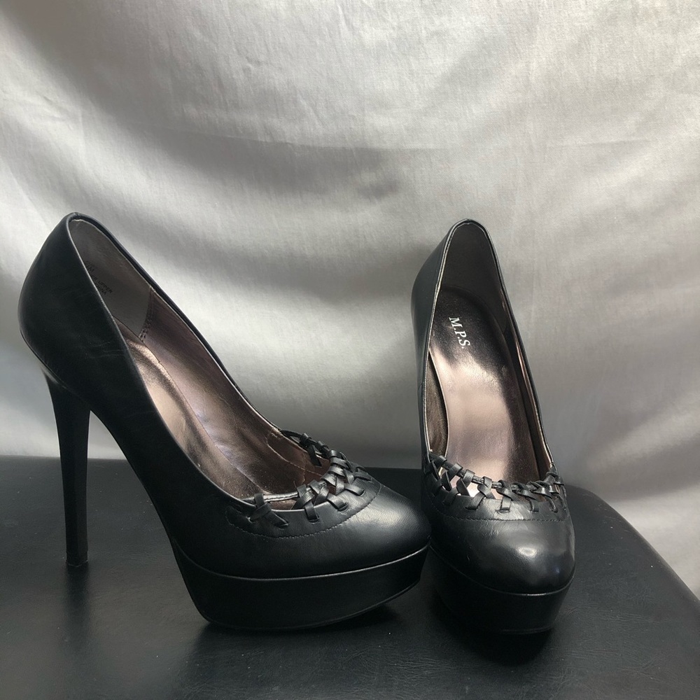 M.P.S. Black leather high heels. 7.5 platform MPS